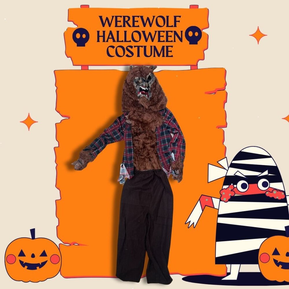 Werewolf Halloween Costume For Adults With Mask Shirt & Pants - Brown Fur & Plai